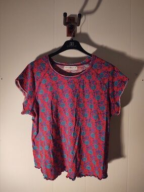 EUC Natural Life XL Hot Pink & Teal Short Sleeve Top with Lettuce Edge